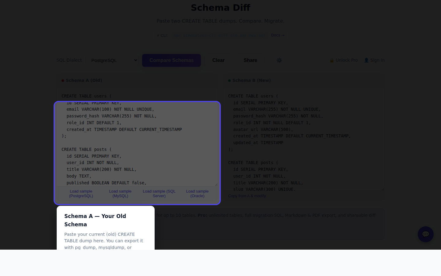 SchemaLens visual diff showing added, removed, and modified tables
